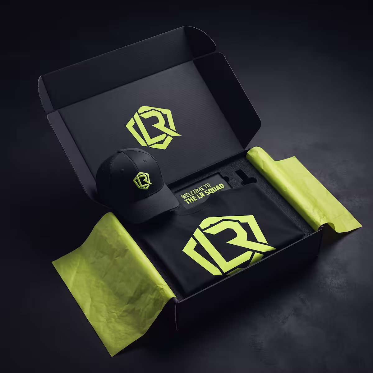 Render conceptual de una caja de merchandising gaming personalizado